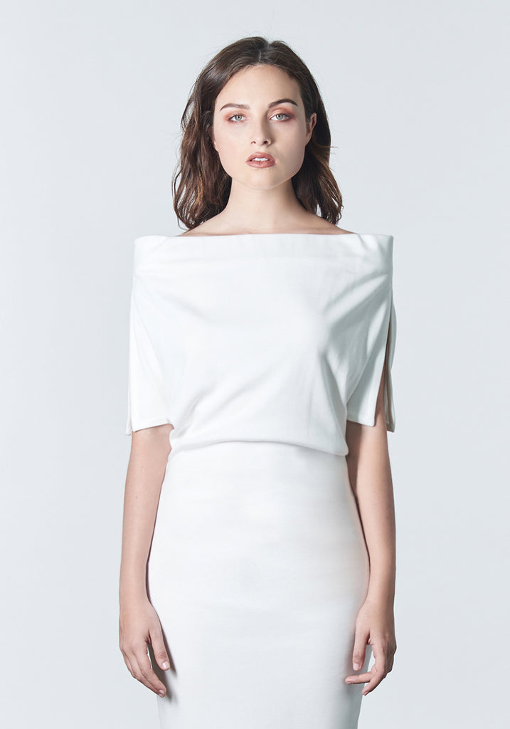 Fall, Autumn, Winter cocktail or work fitted knit dress. Made of stretch tencel. The perfect "little white dress"