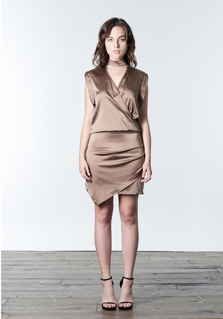 Bronze brown short cocktail dress with choker.