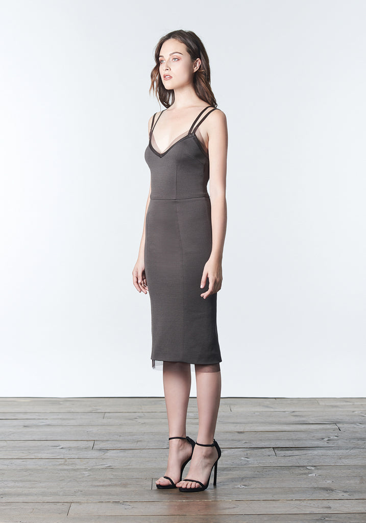 Fall, Autumn, Winter cocktail made of wool and rayon with leather and silk mesh trim in neutral brown bark color.