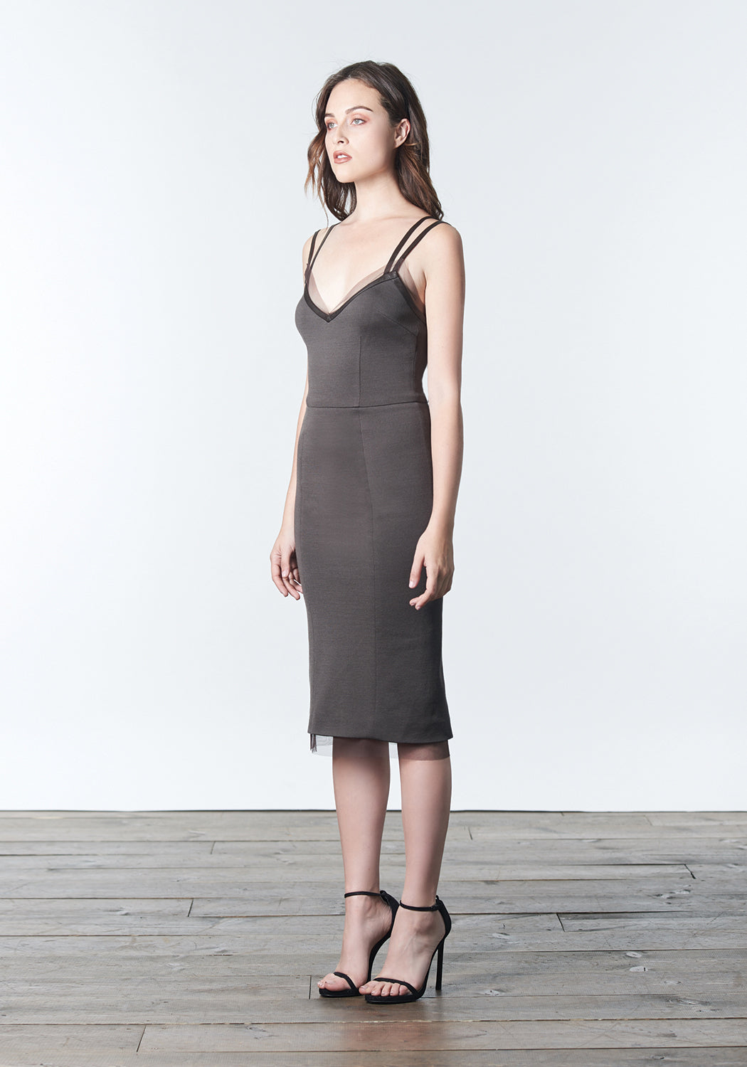 Fall, Autumn, Winter cocktail made of wool and rayon with leather and silk mesh trim in neutral brown bark color.