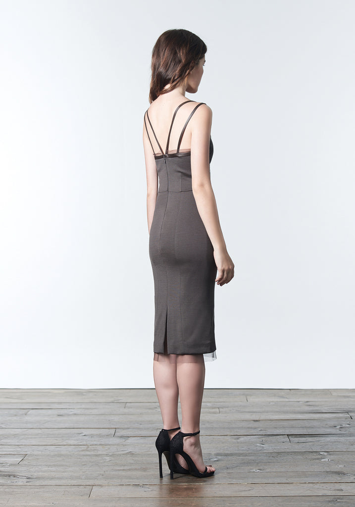 Fall, Autumn, Winter cocktail made of wool and rayon with leather and silk mesh trim in neutral brown bark color.