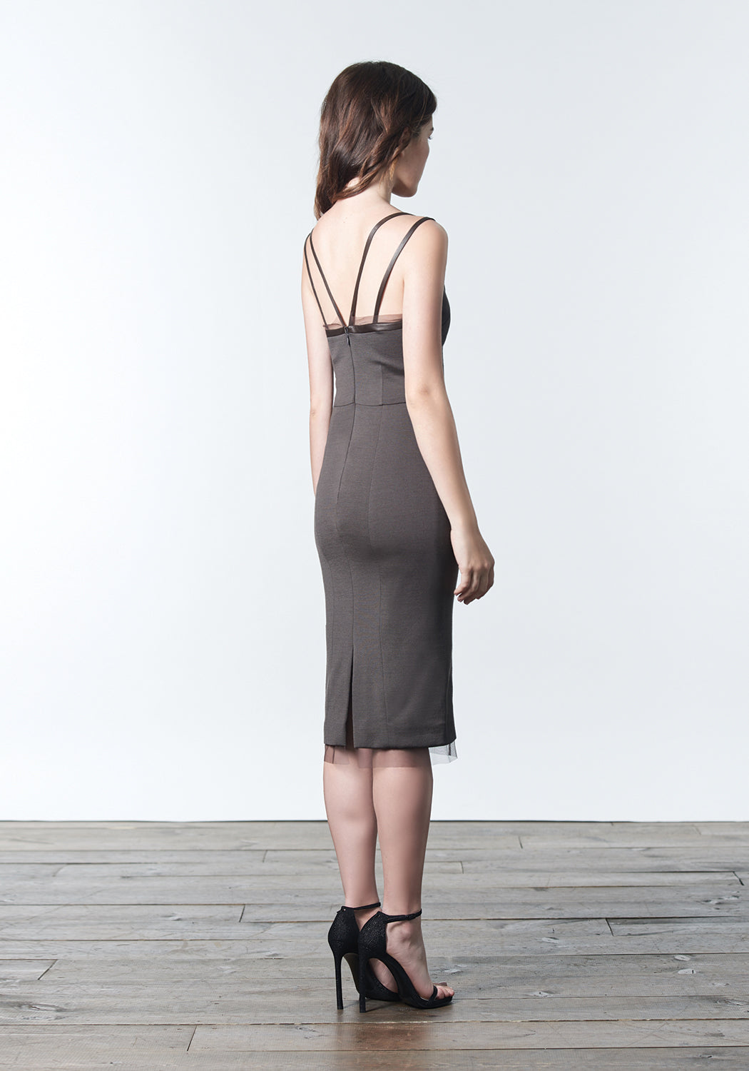 Fall, Autumn, Winter cocktail made of wool and rayon with leather and silk mesh trim in neutral brown bark color.