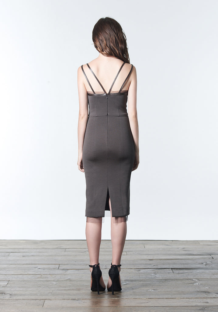 Fall, Autumn, Winter cocktail made of wool and rayon with leather and silk mesh trim in neutral brown bark color.