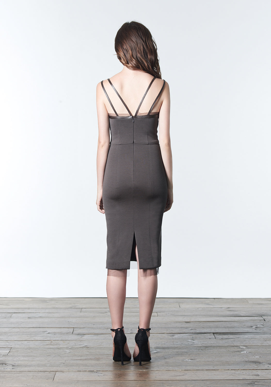 Fall, Autumn, Winter cocktail made of wool and rayon with leather and silk mesh trim in neutral brown bark color.