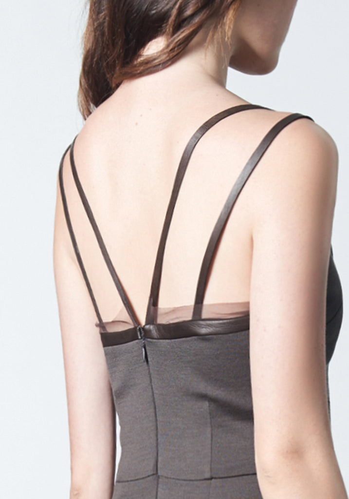 Fall, Autumn, Winter cocktail made of wool and rayon with leather and silk mesh trim in neutral brown bark color.
