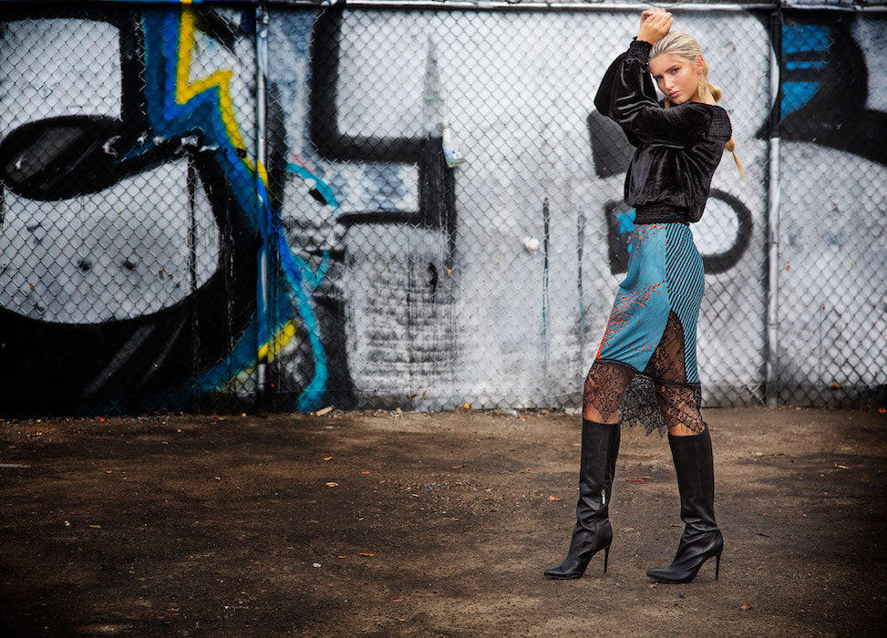 Silk velvet top and printed lace slip skirt