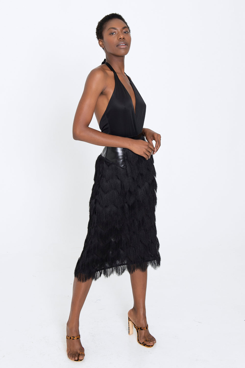 black fringe midi skirt