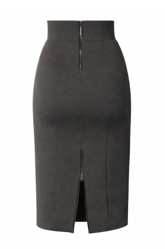 Black wool tencel pencil skirt with back zipper details.
