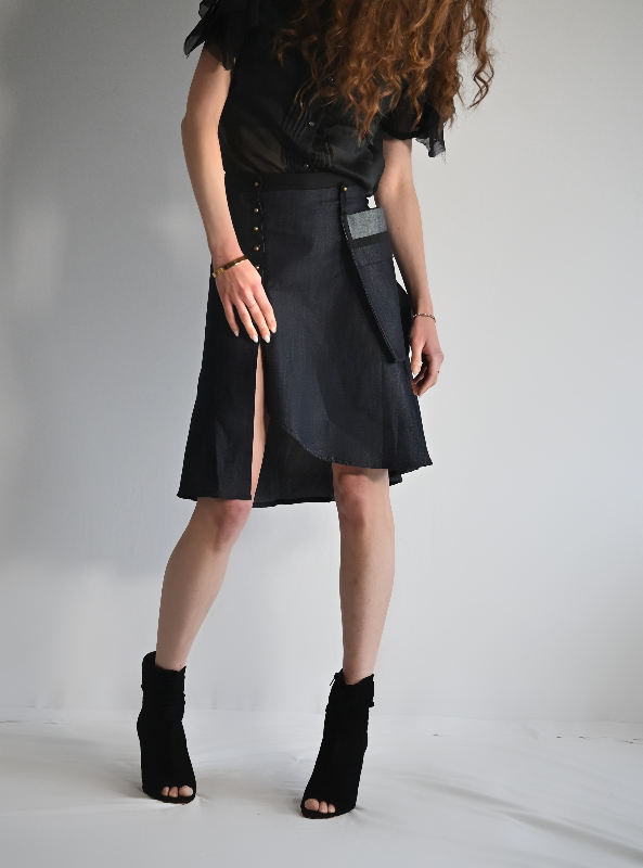 Woman's denim button down skirt with slit.