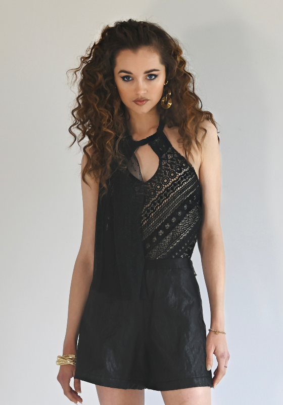 black lace halter top with keyhole.