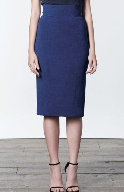Blue wool tencel pencil skirt with back zipper details.