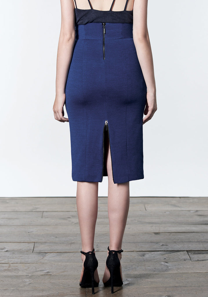 Blue wool tencel pencil skirt with back zipper details.