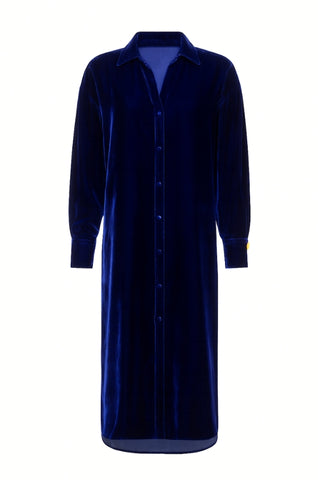 Blue velvet shirt dress on a white background