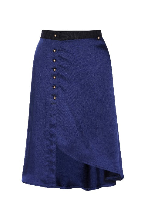 Woman's blue satin button down skirt
