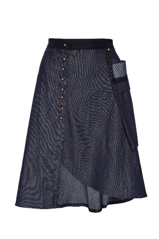 Womans' button down denim skirt with detachable pocket