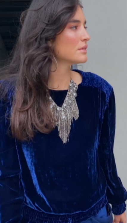woman's cobalt silk velvet blouse