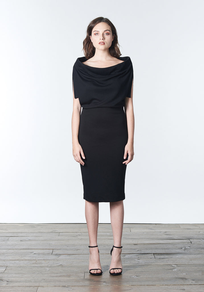 Fall, Autumn, Winter cocktail or work fitted knit dress. Made of stretch tencel. The perfect "little black dress"