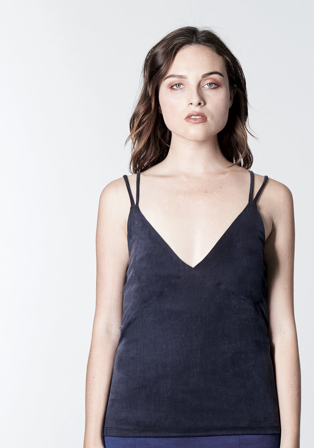 Navy blue stretch cupro camisole top.