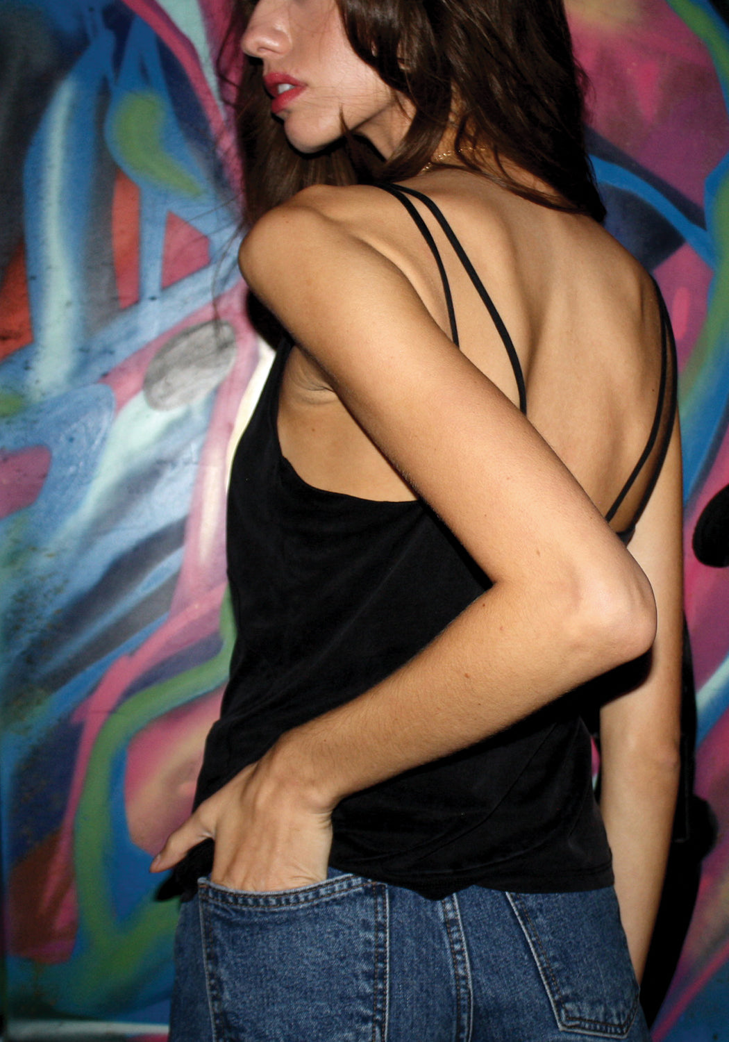 Soft black stretch cupro camisole top.