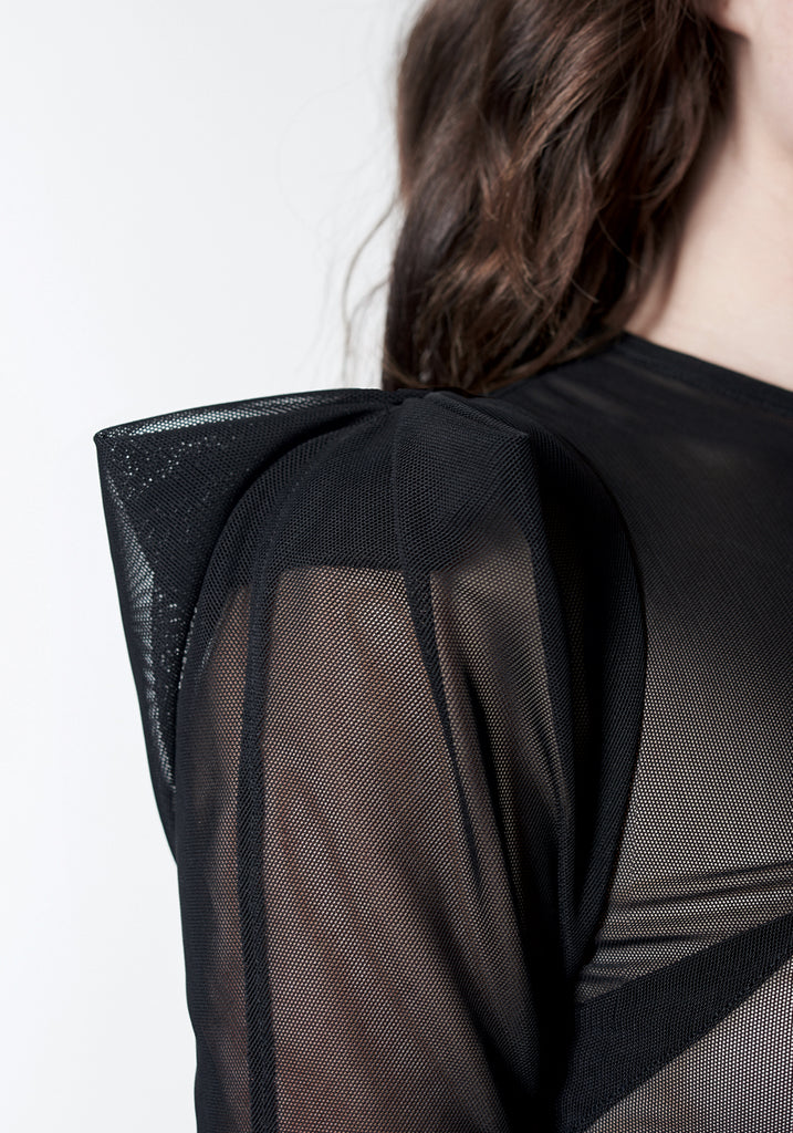 Black mesh statement top with pleated shoulder detail.