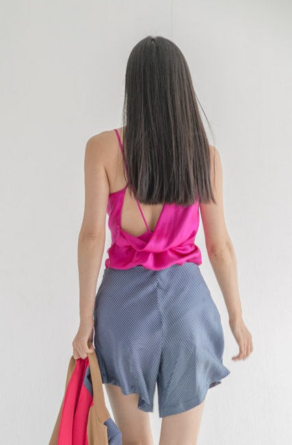 fuchsia silk draped blouse