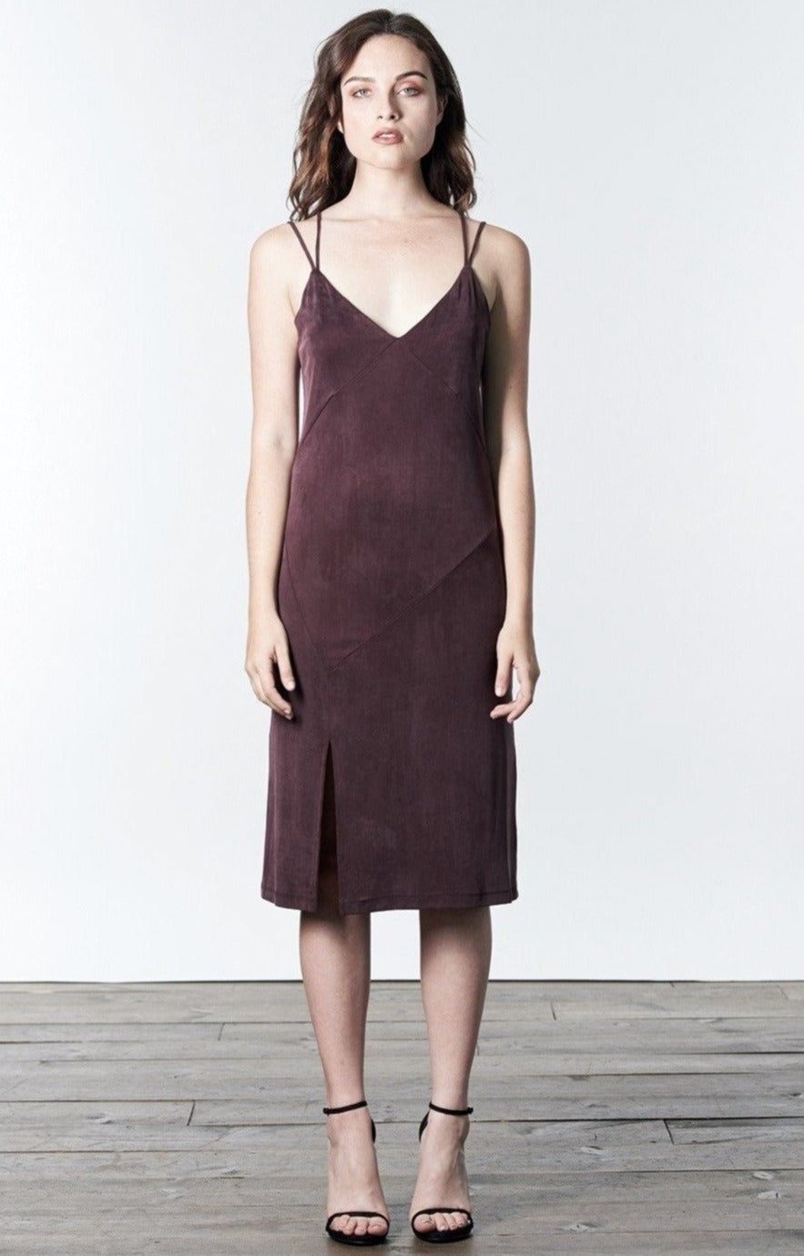 Deep mauve, maroon, burgundy, midi-length, slip dress with slit.