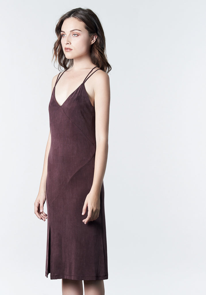 Deep mauve, maroon, burgundy, midi-length, slip dress with slit.