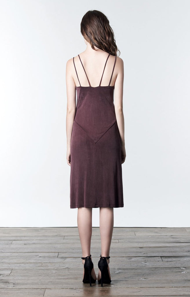 Deep mauve, maroon, burgundy, midi-length, slip dress with slit.