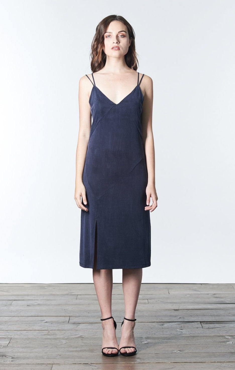 Navy blue stretch cupro slip dress.