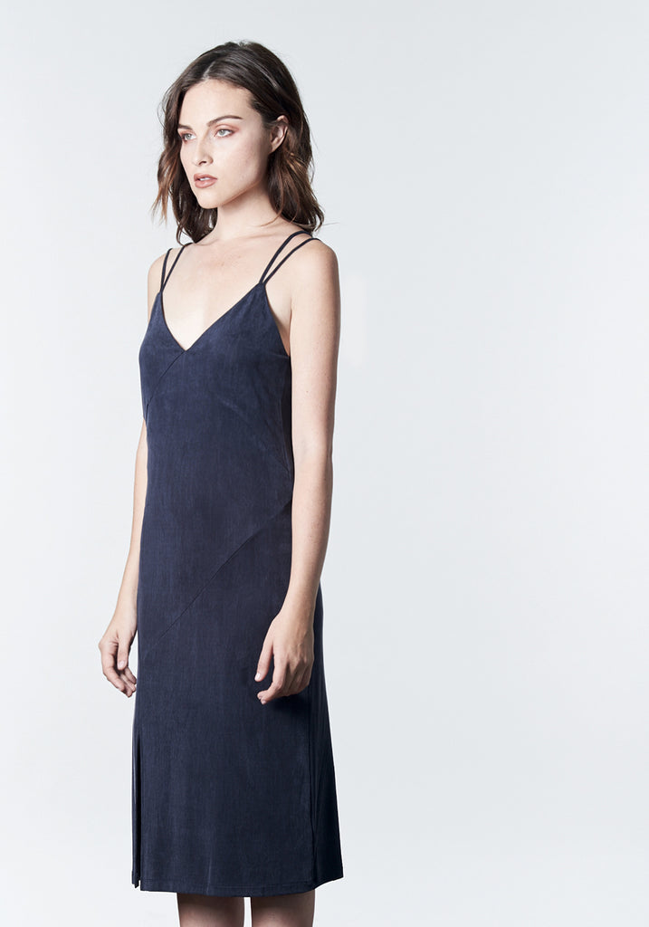 Navy blue stretch cupro slip dress.