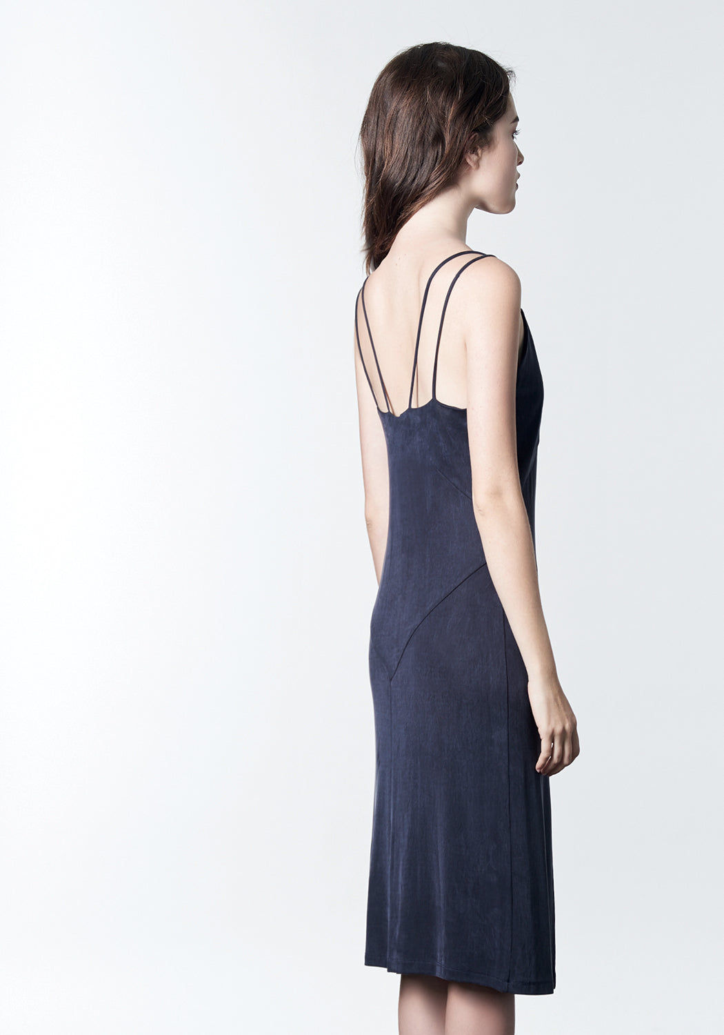 Navy blue stretch cupro slip dress.