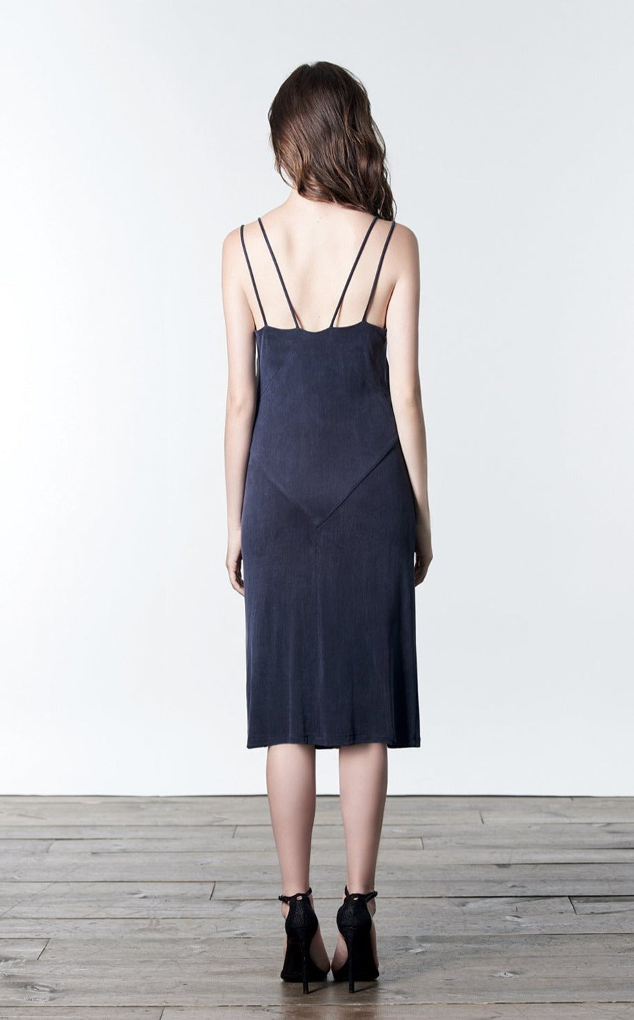 Navy blue stretch cupro slip dress.