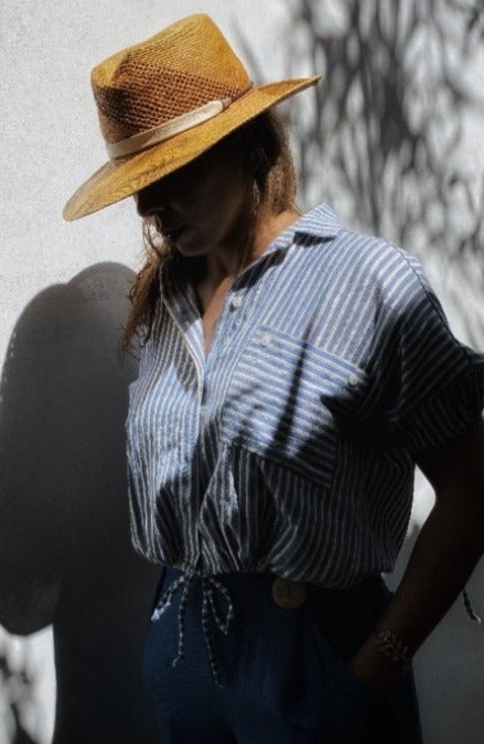 Striped button down top.