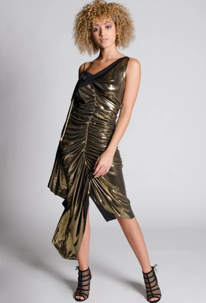 Margot A-Symmetrical Shirring Gold Dress