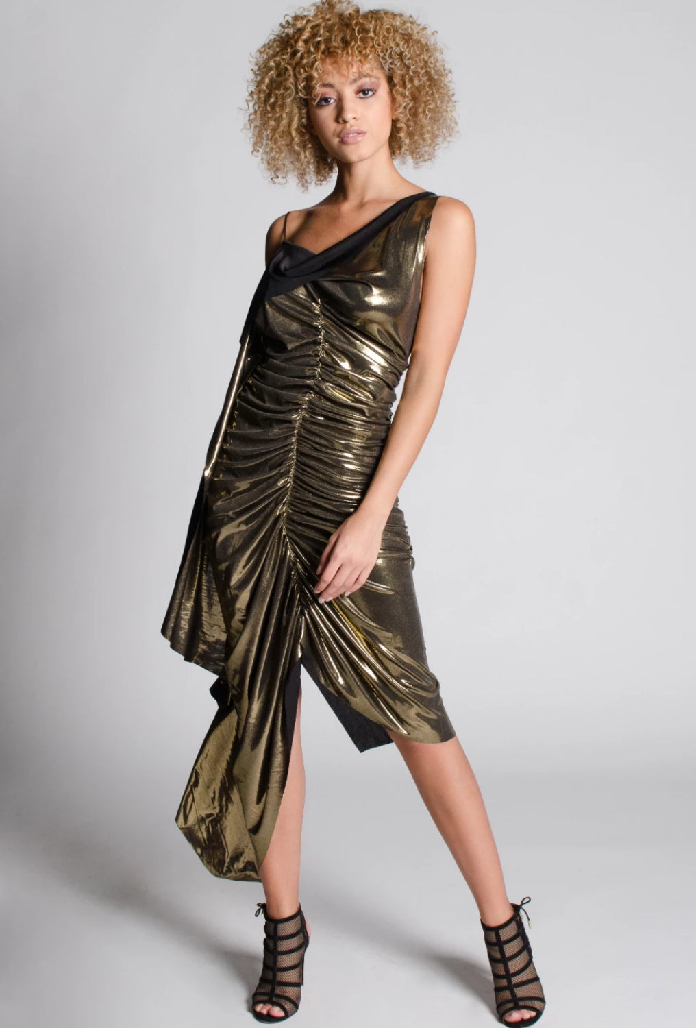 Margot A-Symmetrical Shirring Gold Dress