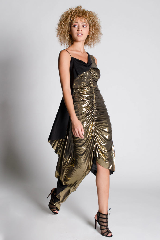 Margot A-Symmetrical Shirring Gold Dress