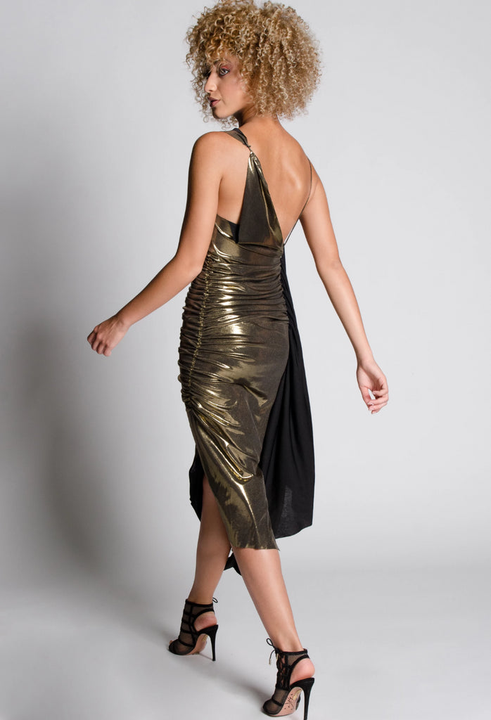 Margot A-Symmetrical Shirring Gold Dress