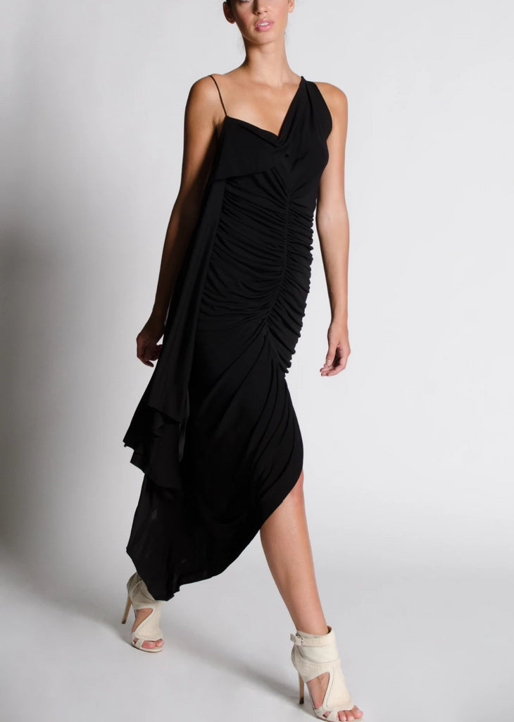 Margot A-Symmetrical Shirring Black Dress