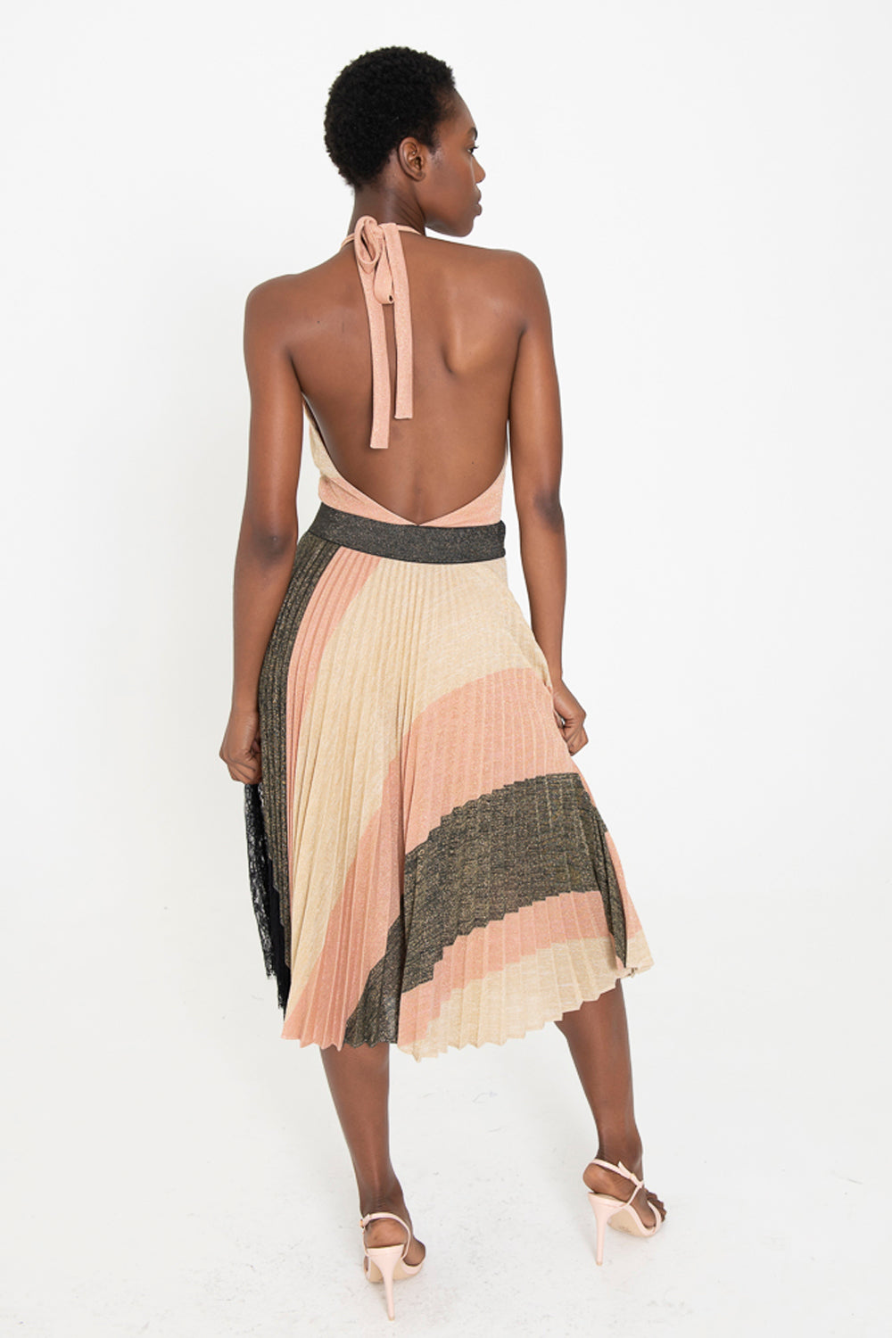 IZABELLA striped knit pleated skirt with lace