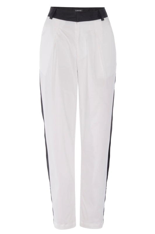 Woman's white twill tuxedo pant.