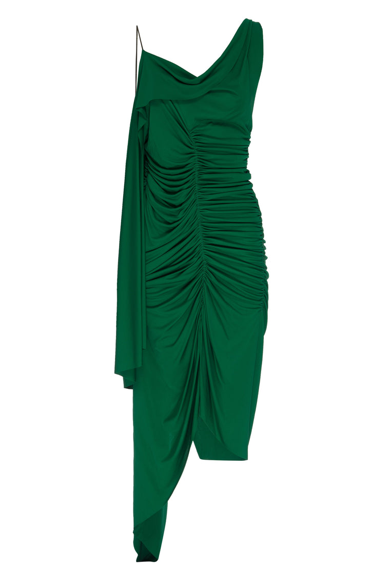 MARGOT Emerald A-Symmetrical Shirring Dress