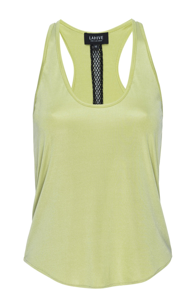 yellow racer back tank top with black honeycomb knit stripe in back.