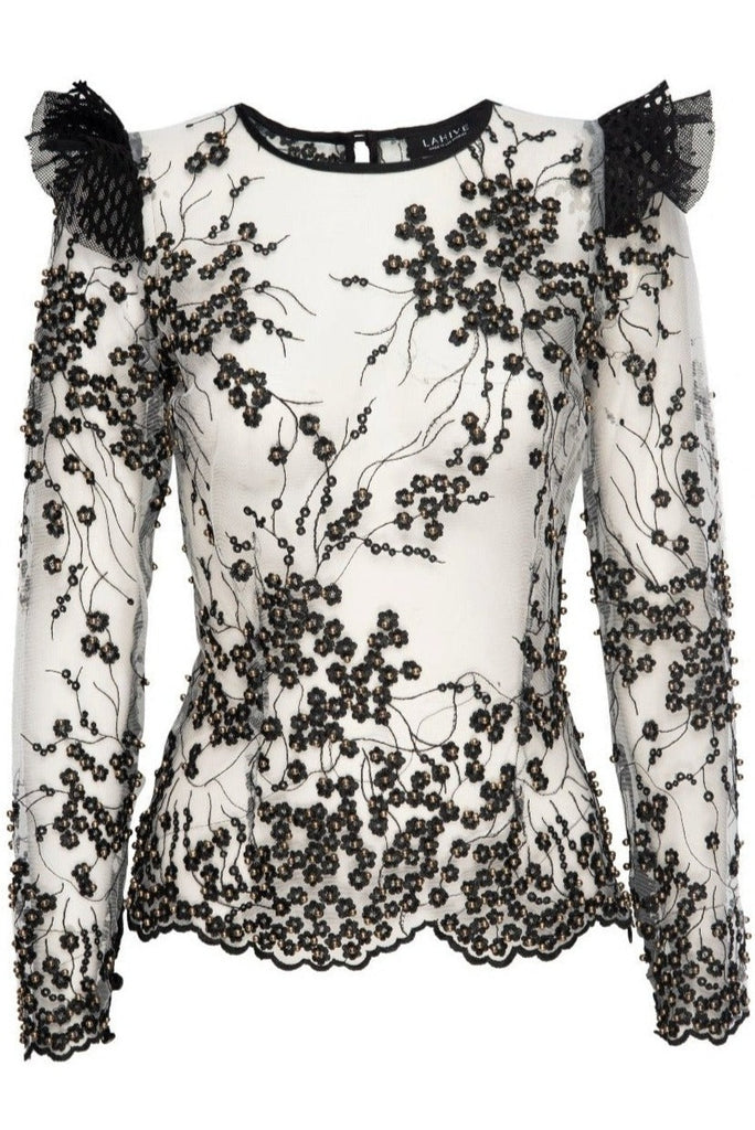 sheer beaded and embroidered top