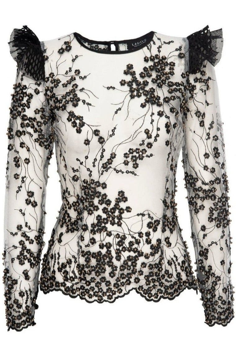 LONDON Beaded and Embroidered Mesh Top