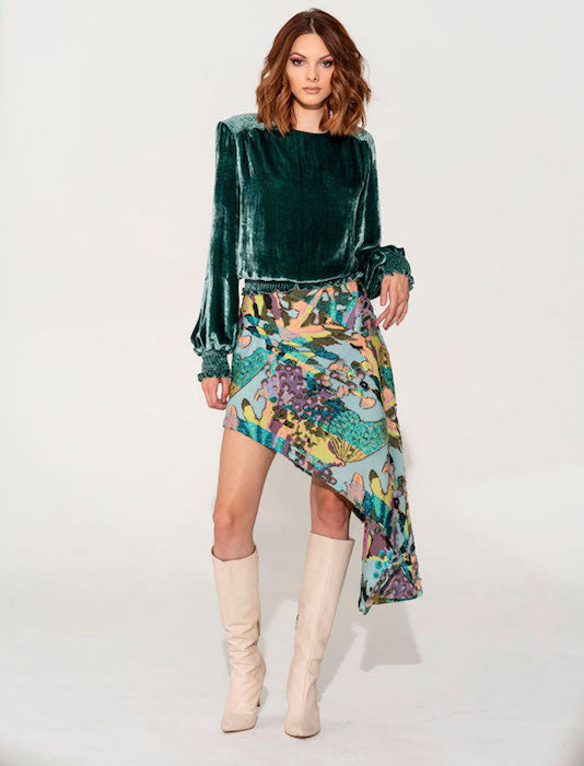 Woman's silk velvet seaglass blouse with teal graffiti asymmetrical skirt