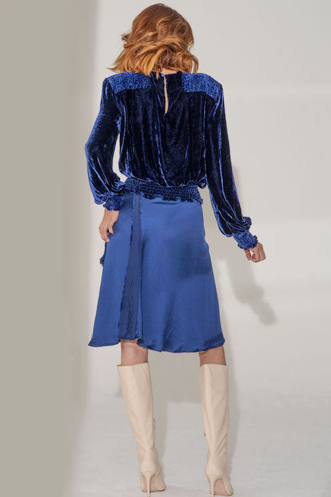 Cobalt silk velvet top and slinky skirt