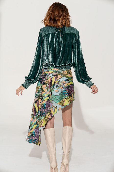 Woman's silk velvet long sleeve blouse with asymmetrical skirt