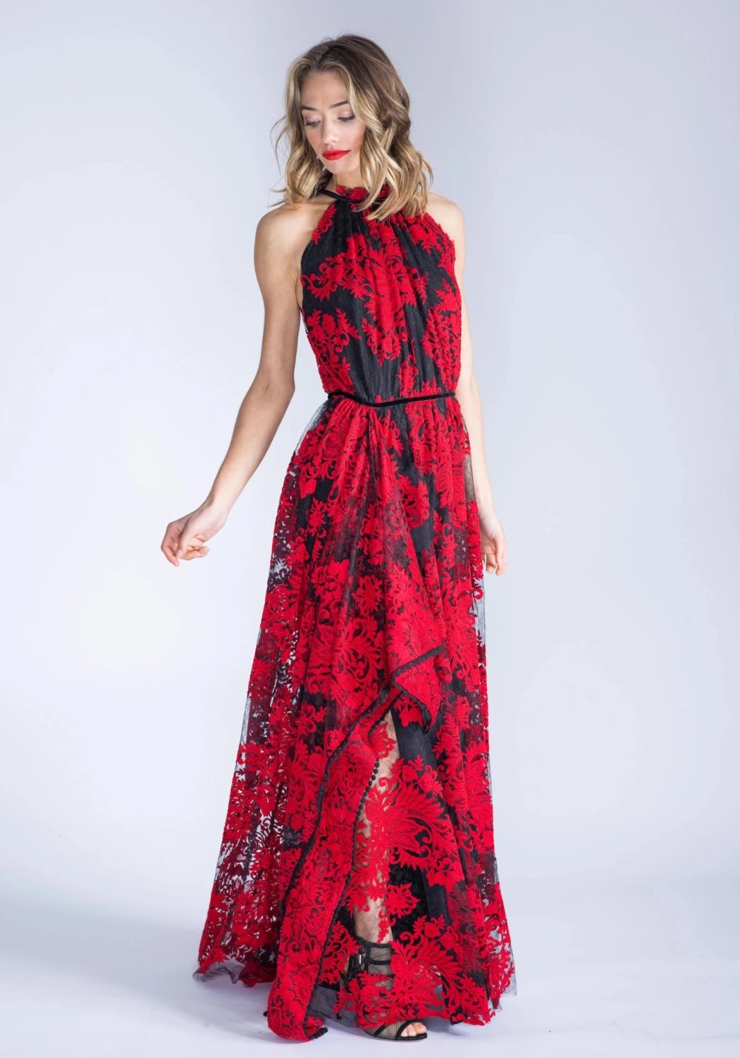 MARCELLA Red Embroidered Lace Halter Dress