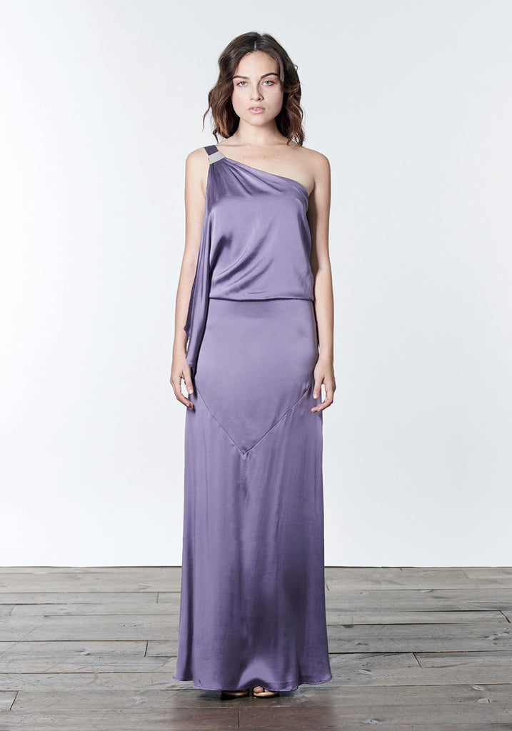 Lavender amethyst purple, floor length, one-shoulder, stretch silk satin grecian bridesmaid dress gown.