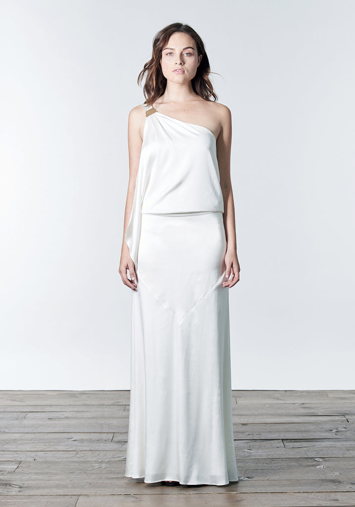 White, floor length, one-shoulder, stretch silk satin grecian bridesmaid dress gown.